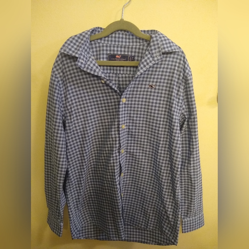 Vineyard Vines Boys On-the-Go Whale Shirt Gingham Sz 12-14